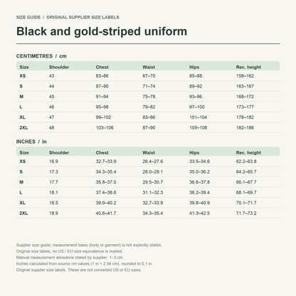 Yamato · Black & gold uniform — supplier size reference in cm and inches