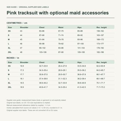 ES · Pink maid sports set — supplier size reference in cm and inches