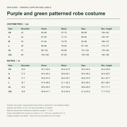 Takasugi · Butterfly kimono set — supplier size reference in cm and inches