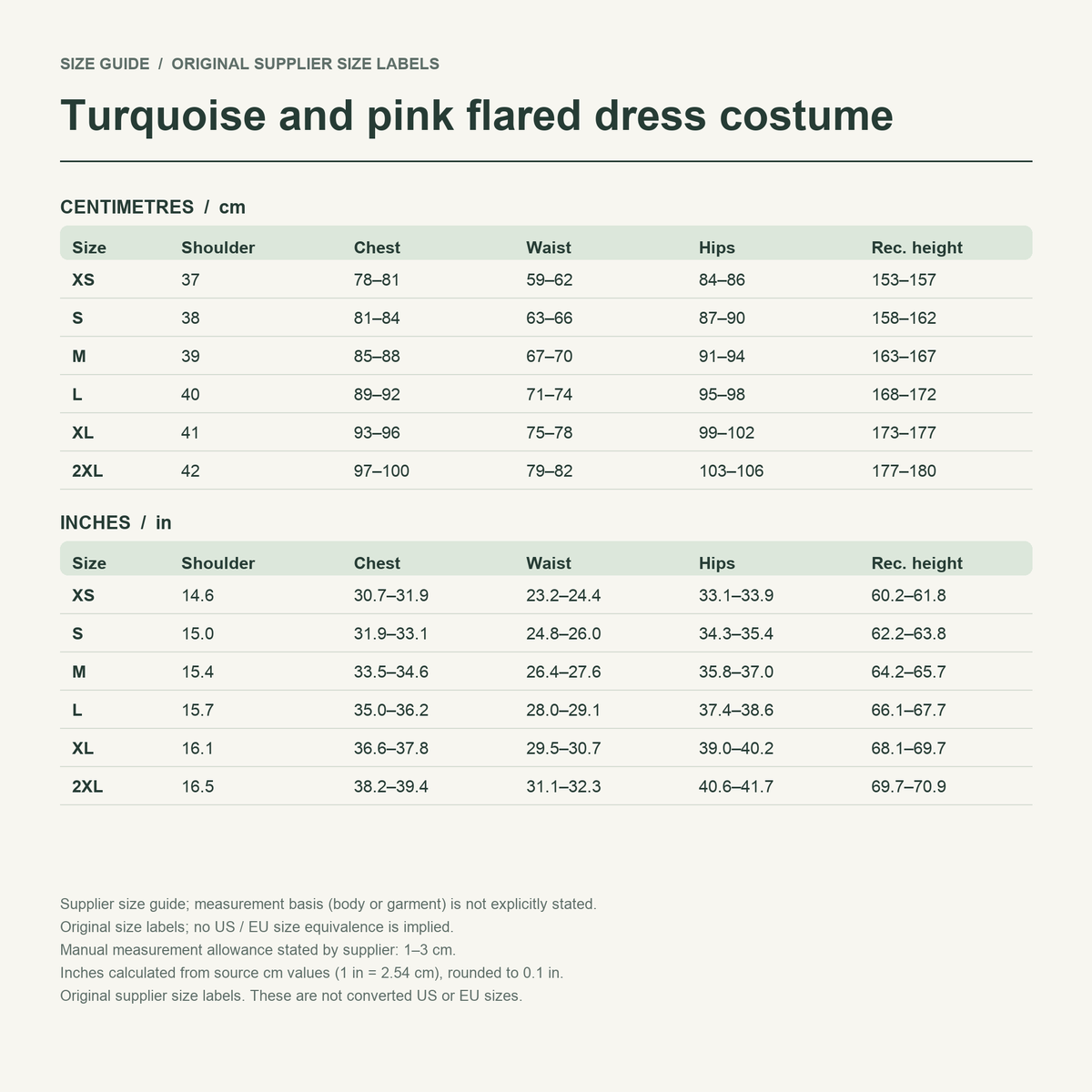 Nene · Teal layered dress — supplier size reference in cm and inches