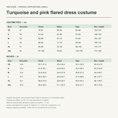 Nene · Teal layered dress — supplier size reference in cm and inches