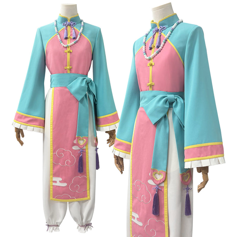 Pink and teal Chinese-style top with apron panel and long trousers — view 1