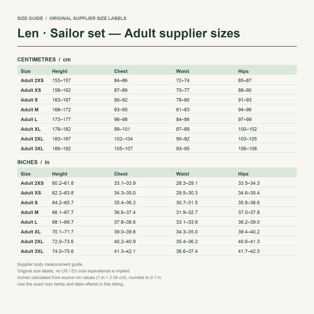 Len · Sailor set — Adult supplier sizes body measurements in cm and inches