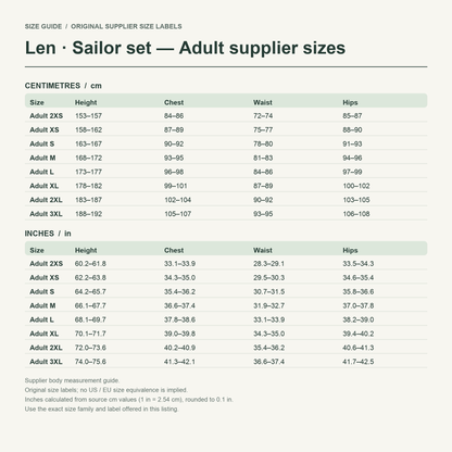 Len · Sailor set — Adult supplier sizes body measurements in cm and inches