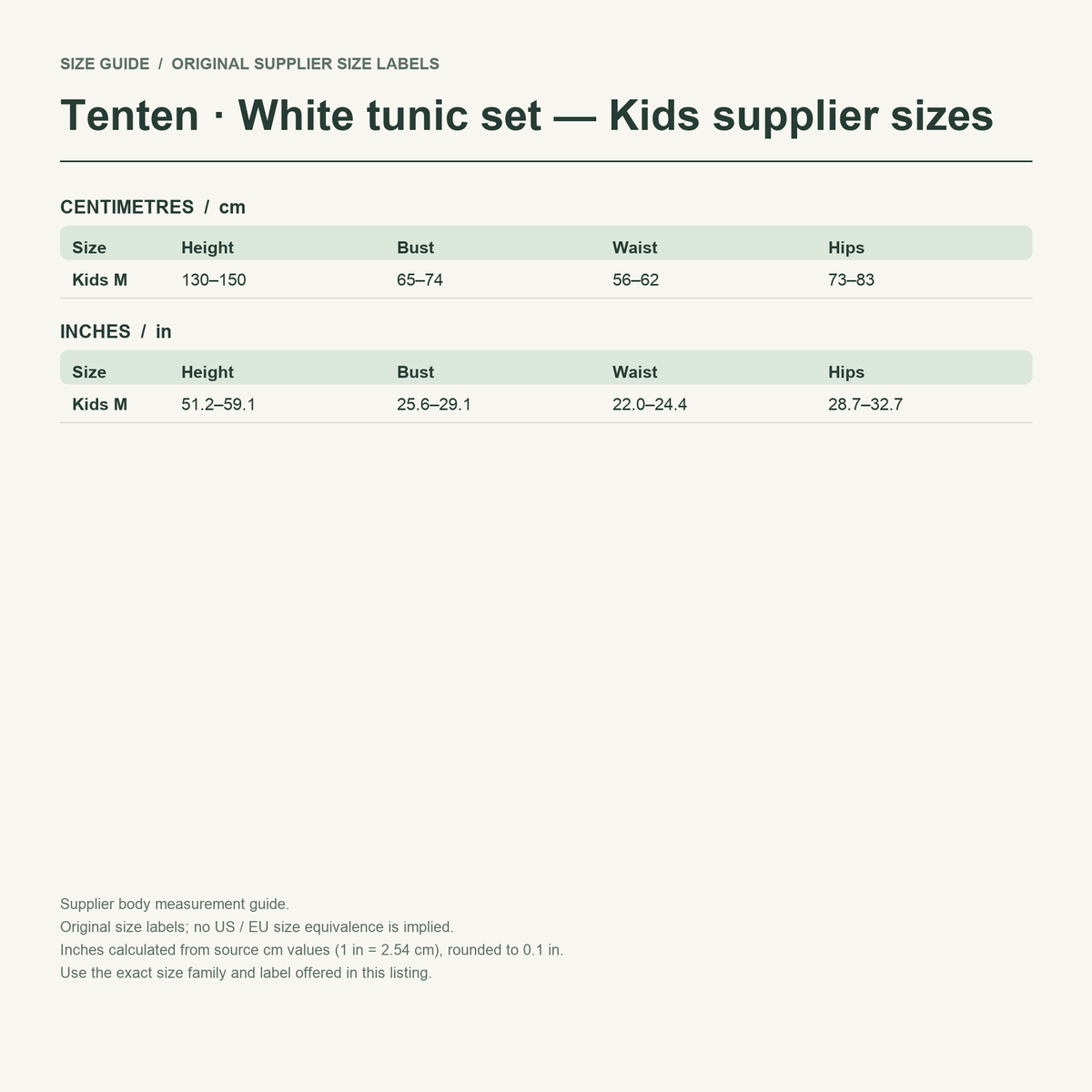 Tenten · White tunic set — Kids supplier sizes body measurements in cm and inches