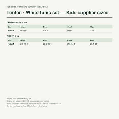 Tenten · White tunic set — Kids supplier sizes body measurements in cm and inches