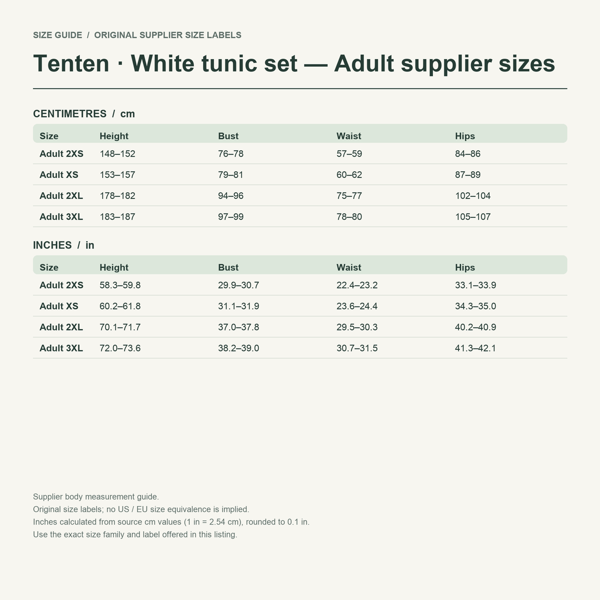 Tenten · White tunic set — Adult supplier sizes body measurements in cm and inches