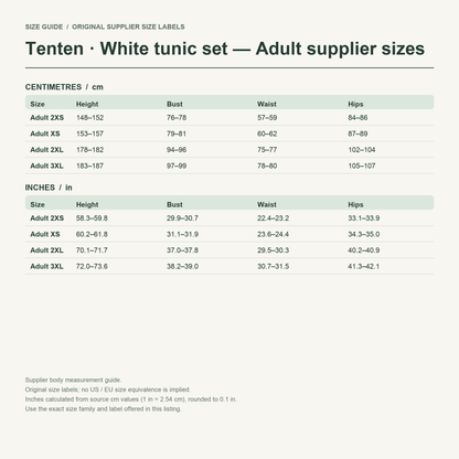 Tenten · White tunic set — Adult supplier sizes body measurements in cm and inches