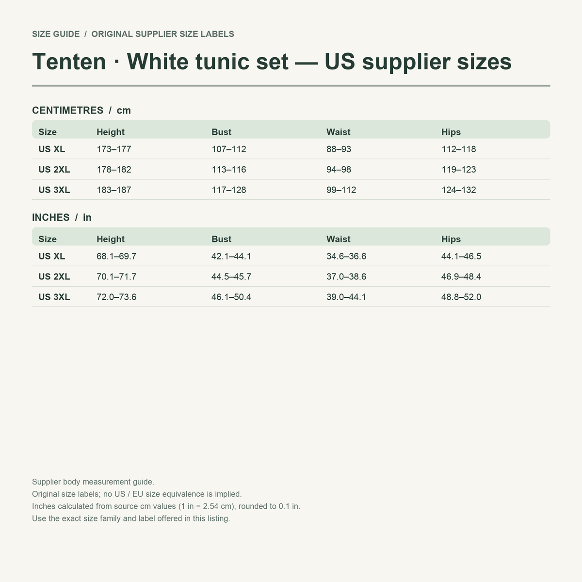 Tenten · White tunic set — US supplier sizes body measurements in cm and inches