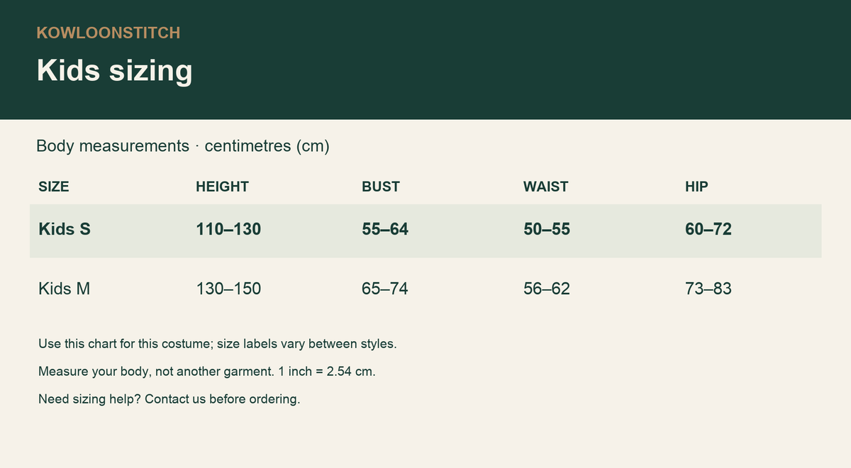 Kids body measurement chart for this costume, in cm