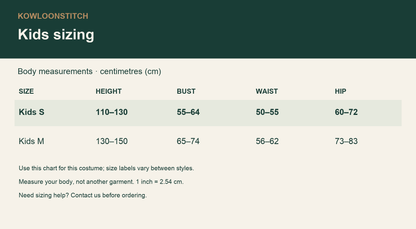 Kids body measurement chart for this costume, in cm