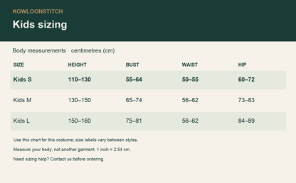 Kids body measurement chart for this costume, in cm