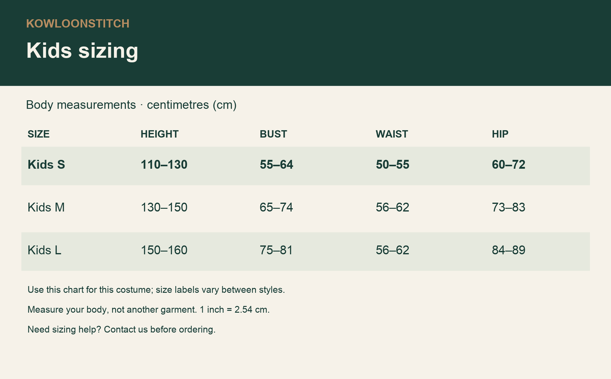 Kids body measurement chart for this costume, in cm