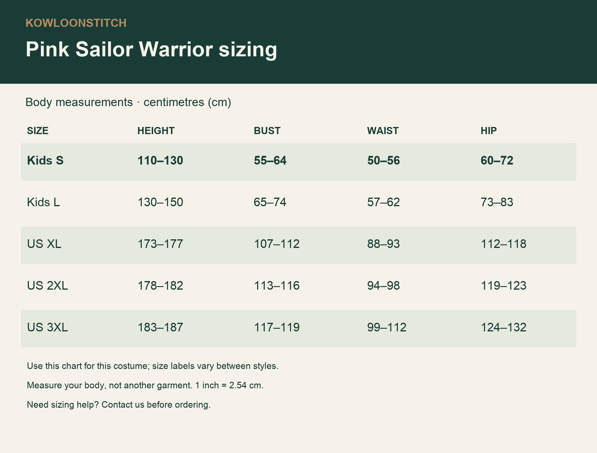 Pink Sailor Warrior: body measurements for Kids S, Kids L and US XL–3XL, in cm