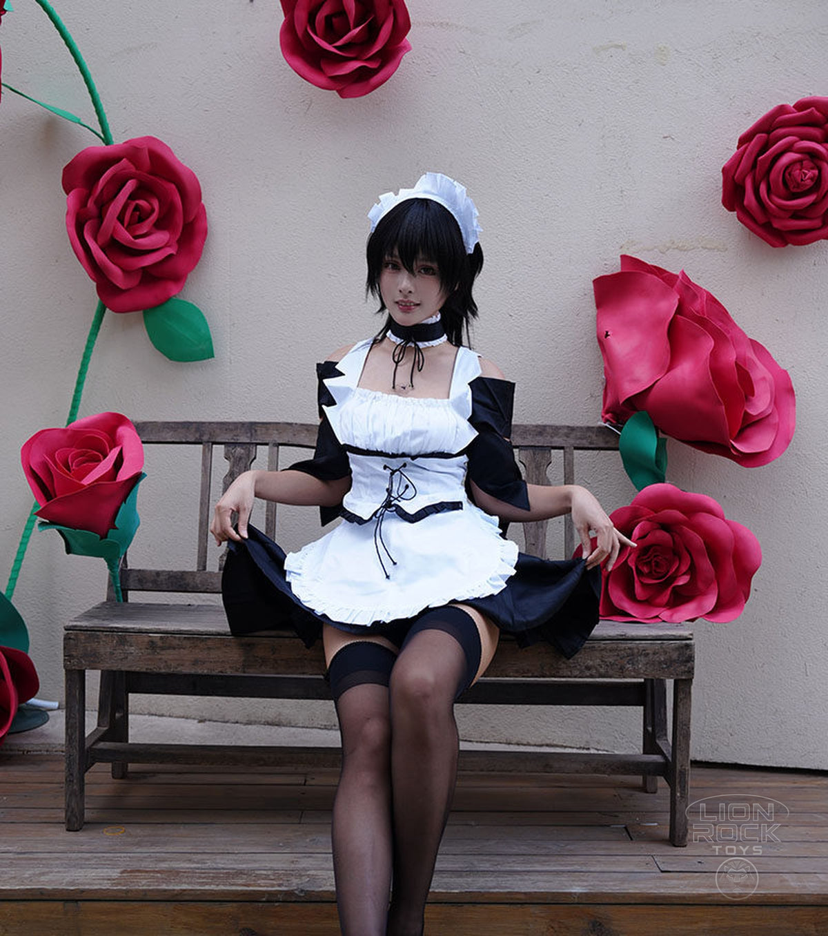 Maid Latte cosplay - full outfit on bench