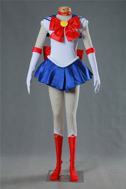 Magical sailor warrior cosplay costume on mannequin - full front view with boot covers