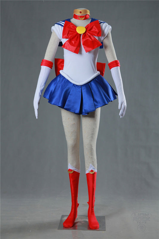 Magical sailor warrior cosplay costume on mannequin - full front view with boot covers