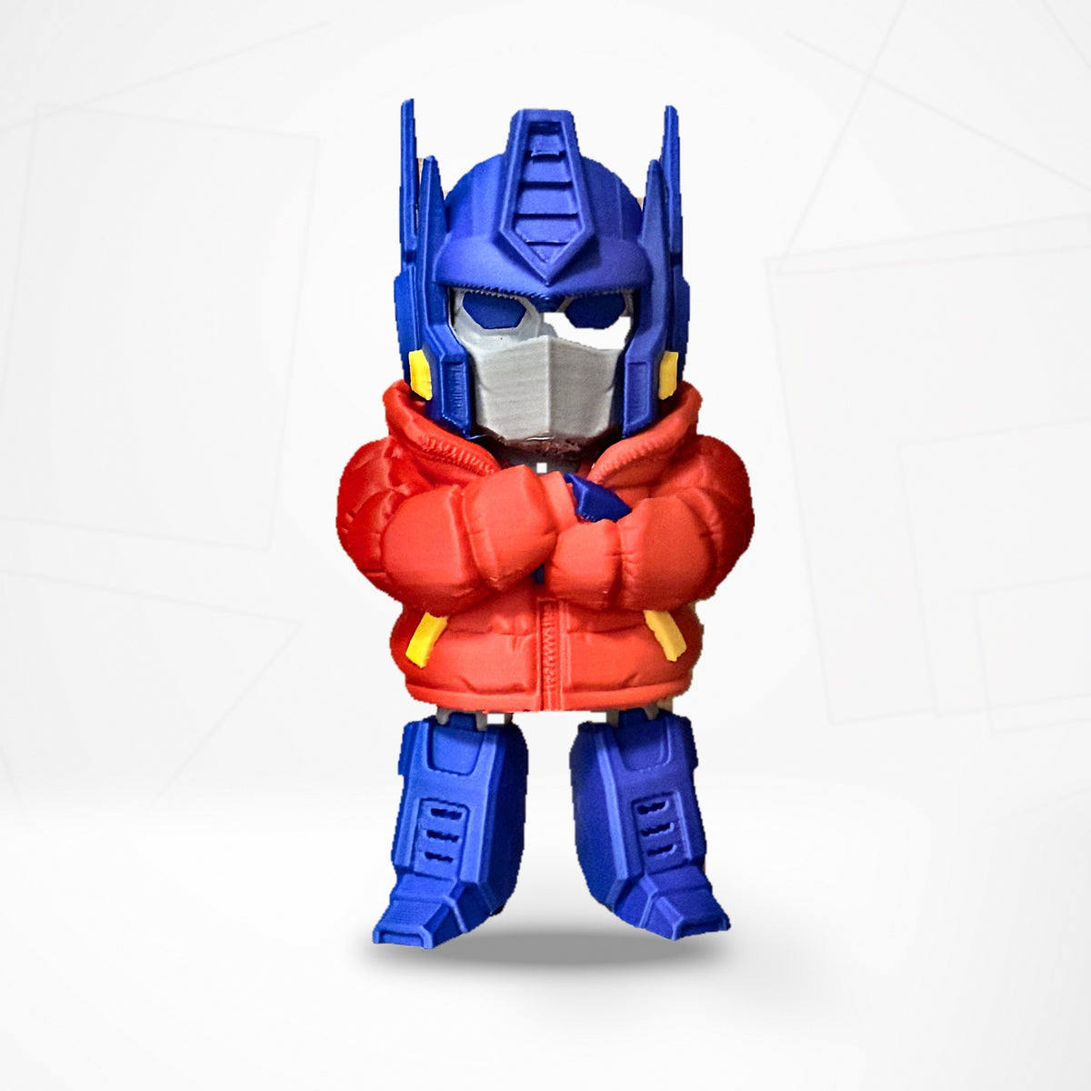 3D printed chibi Optimus Prime figure in a red puffer jacket, front view, 12 cm tall