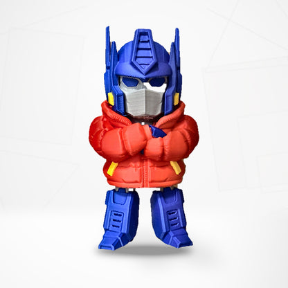 3D printed chibi Optimus Prime figure in a red puffer jacket, front view, 12 cm tall