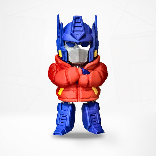 3D printed chibi Optimus Prime figure in a red puffer jacket, front view, 12 cm tall