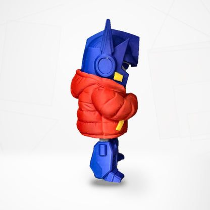 Optimus Prime puffer jacket figure, side profile showing the hood