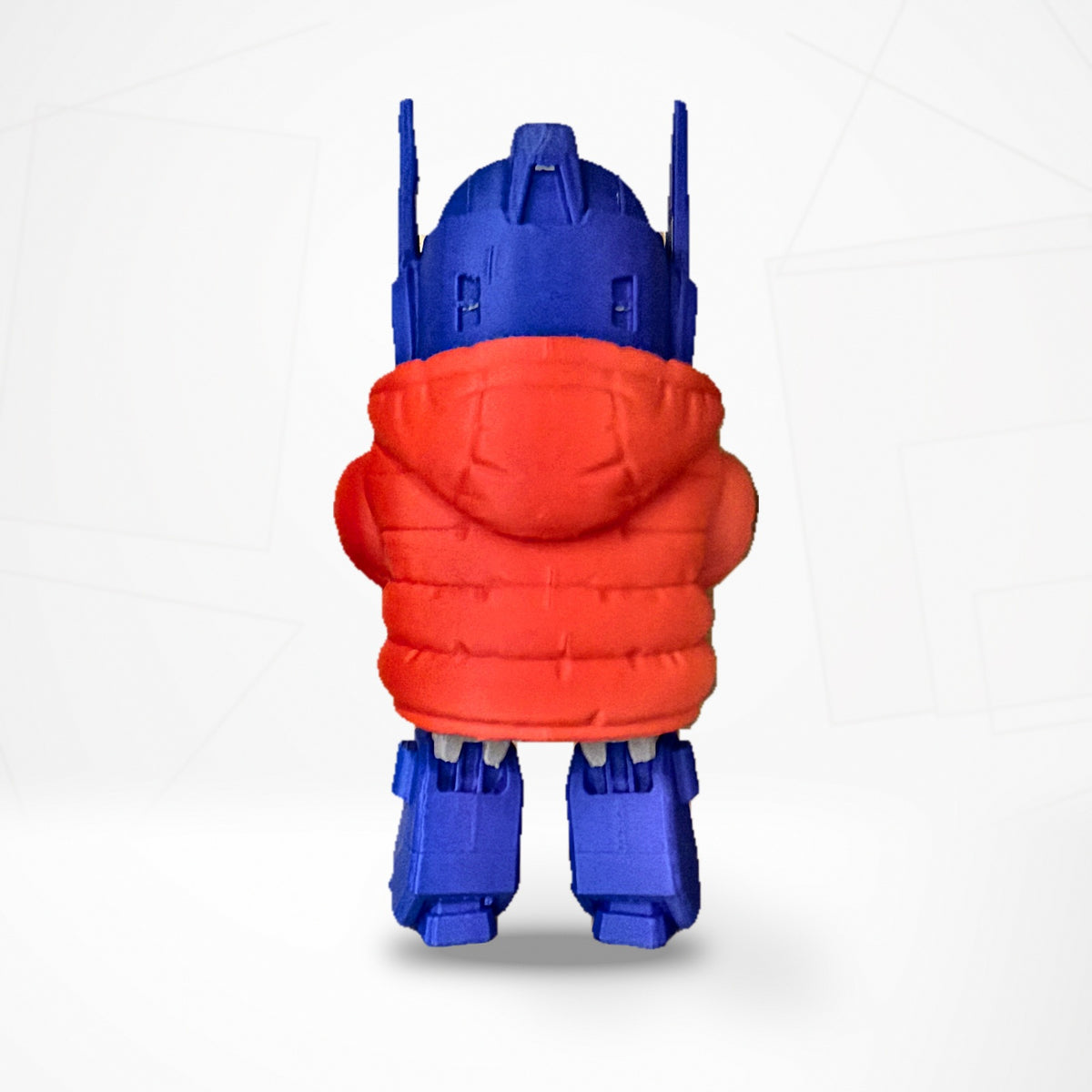 Optimus Prime puffer jacket figure, back view with quilted coat panels
