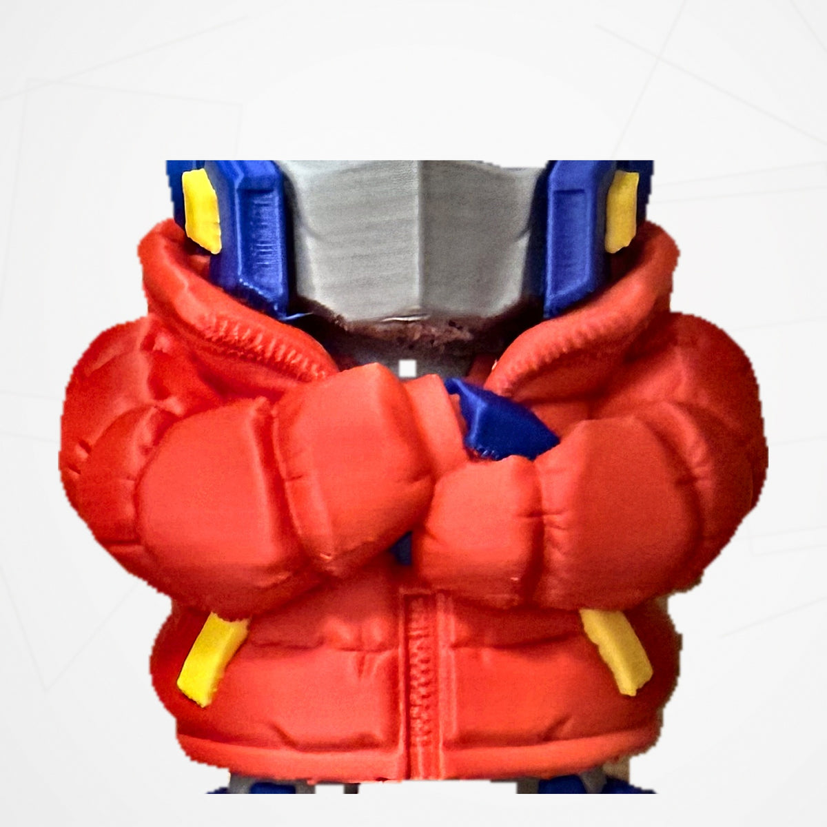 Close-up of the sculpted quilted puffer jacket and folded arms