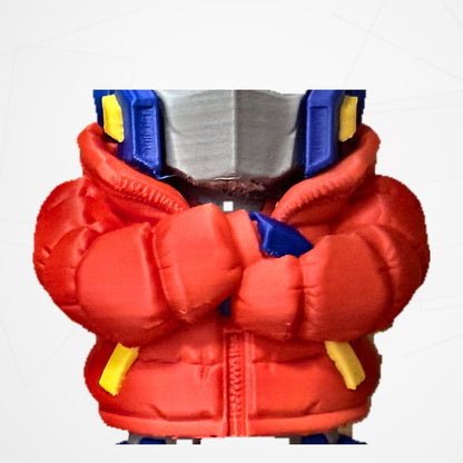 Close-up of the sculpted quilted puffer jacket and folded arms