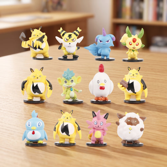 Twelve Palworld mini figures standing on a light oak desk in a warm room