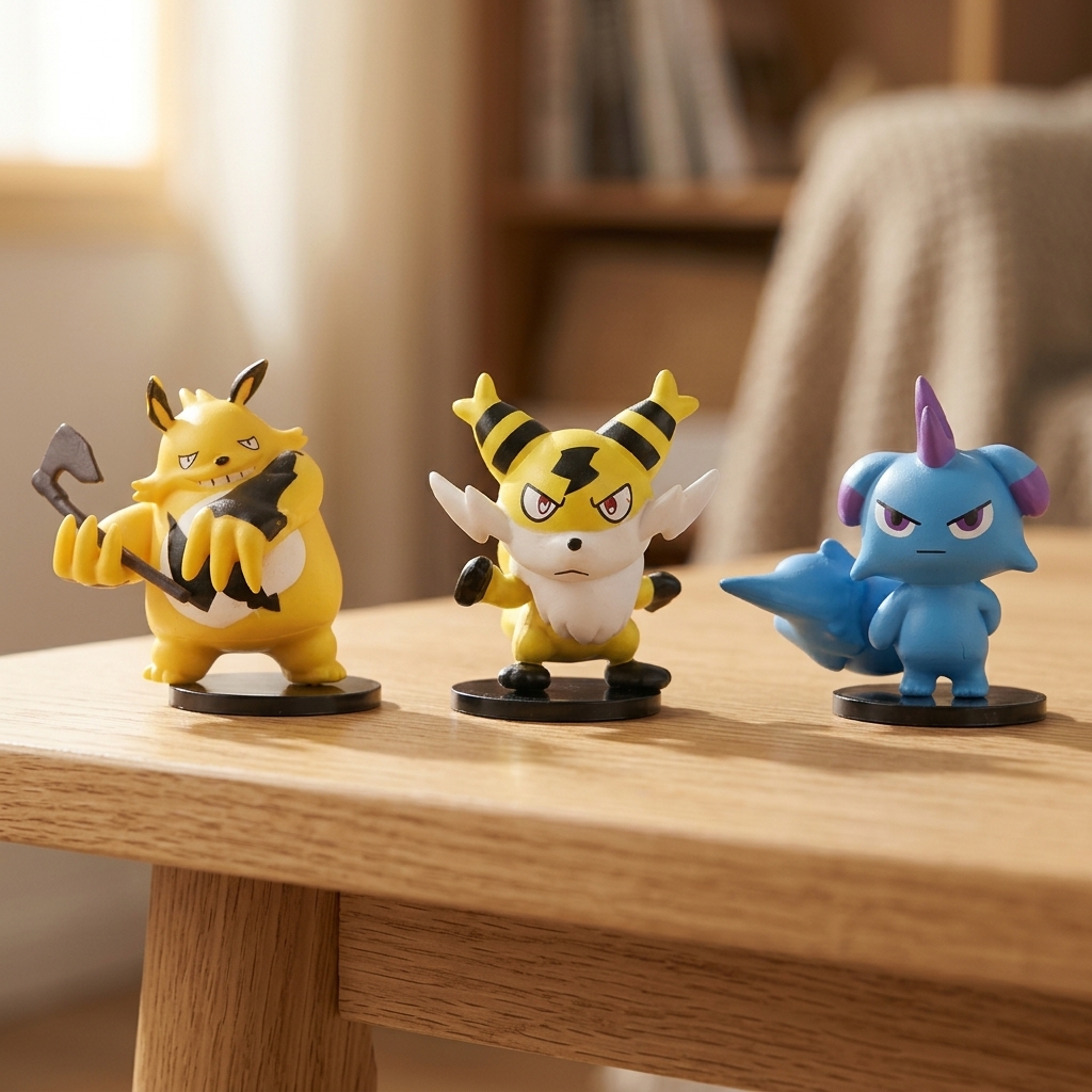 Close-up of three Palworld PVC figures on a wooden table showing painted detail