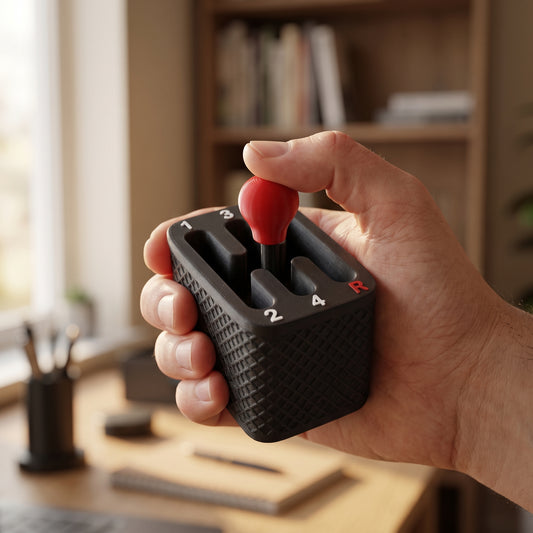 Adult hand holding the gear shifter fidget toy, showing its palm size