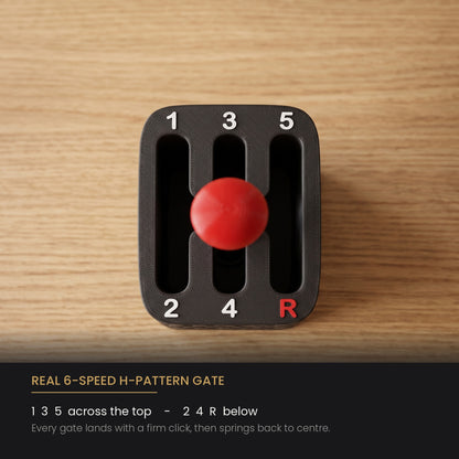 Real 6-speed H-pattern gate with 1 3 5 across the top and 2 4 R below