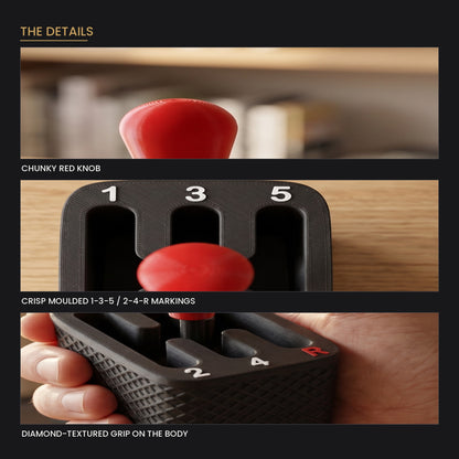 Detail views of the red knob, the moulded gear markings and the diamond-textured grip