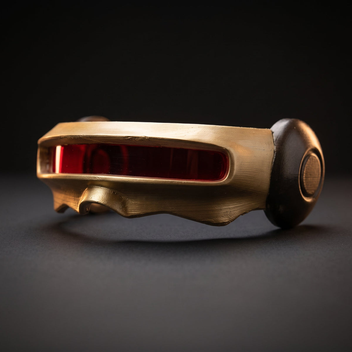 Side view of the gold visor showing the dark side pod and the full length of the red lens slot