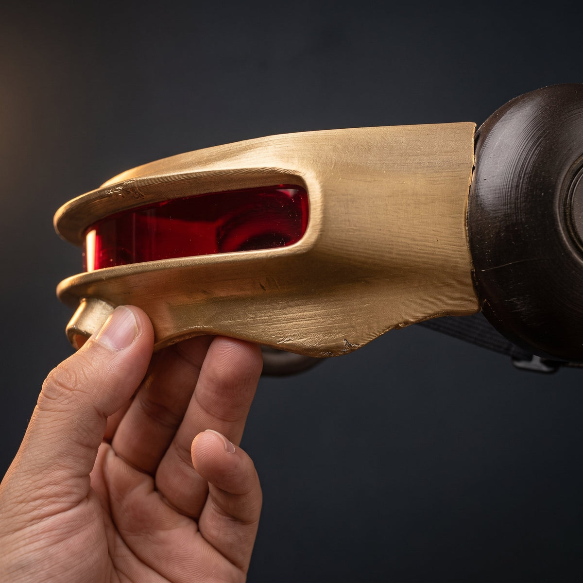 Adult hand holding the gold visor, showing its size and the black elastic strap