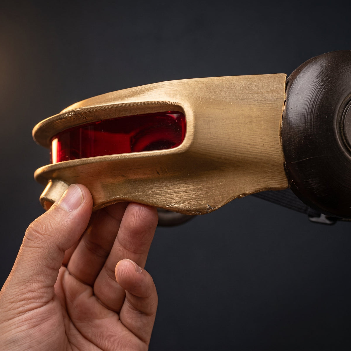 Close-up of the gold visor held in a hand, showing the red lens and printed surface texture